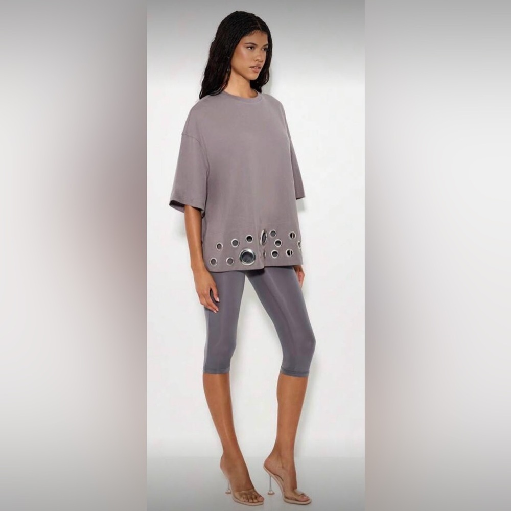 Gray Taupe Oversized Shirt + Silver Grommets Mid-Sleeve Chic XS NWT
